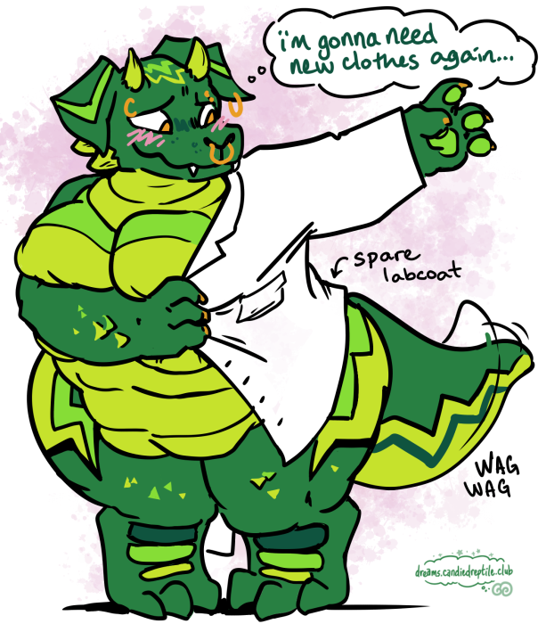 Random in the form of a fat dog-like kobold, pulling on a spare labcoat that doesn't quite fit. They're thinking 'I'm gonna need new clothes again...', but clearly with excitement rather than apprehension.