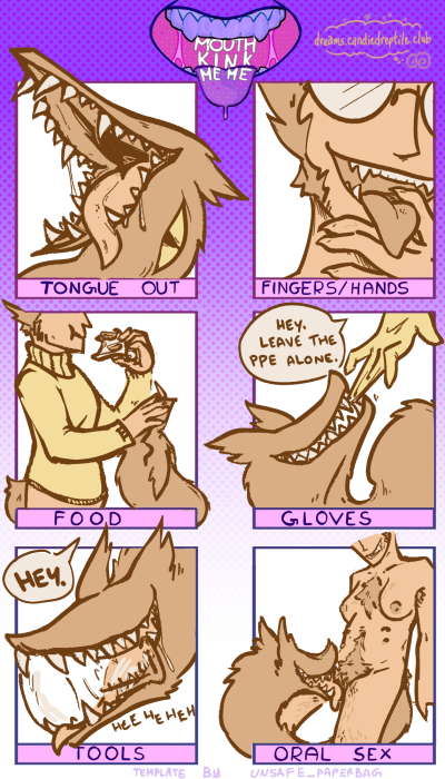 A 'Mouth Kink Meme' featuring Dr. Hyland and her tailmaw. The six panels are labeled Tongue Out, Fingers/Hands, Food, Gloves, Tools, and Oral Sex.