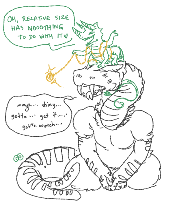 Kokabiel perched on the Voice of the Opportunist's head, swinging a pendant on a chain in front of his snout. 'Oh, relative size has nothing to do with it,' Kokabiel preens, while the Opportunist dazedly mumbles, 'Shiny... gotta... get it... gotta watch...' Kokabiel perched on the Voice of the Opportunist's head, swinging a pendant on a chain in front of his snout. 'Oh, relative size has nothing to do with it,' Kokabiel preens, while the Opportunist dazedly mumbles, 'Shiny... gotta... get it... gotta watch...'