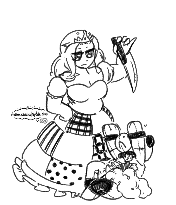 Dollmaker Damsel in her current-design patchwork dress standing over Gumdrop with a confiscated knife, which it's scrabbling pitifully to reach for.