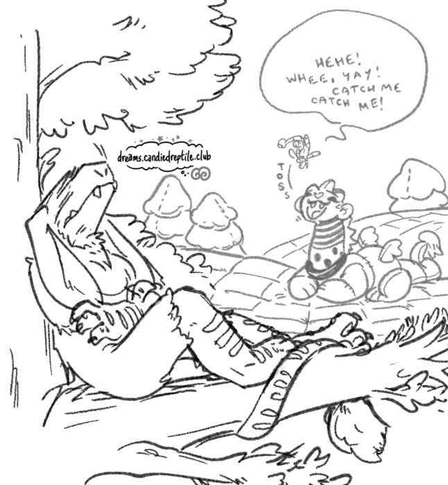 The non-plush Voice of the Hunted sulking on a tree branch; distantly in the background, Hushpuppy and Miss Kitty are playing.