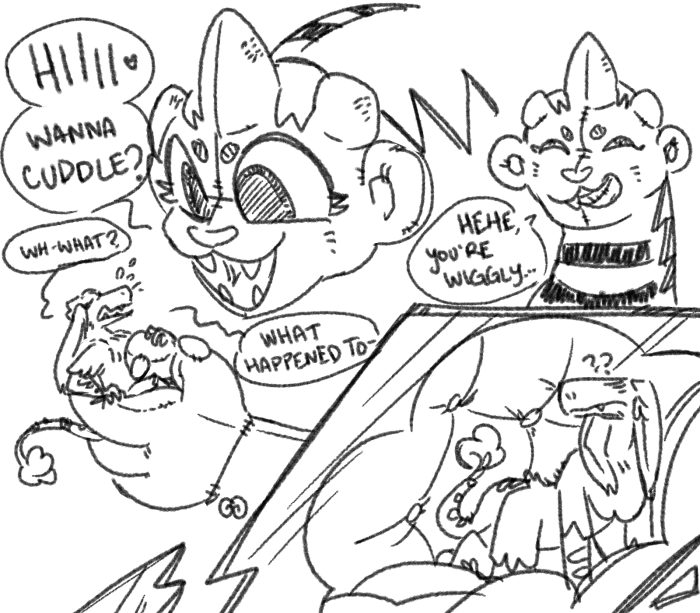 Miss Kitty grabbing the Voice of the Hunted and asking, with a big smile, 'Hiiii (heart)! Wanna cuddle?' Confused and alarmed, Hunted asks 'W-what? What happened to -'. He's unceremoniously swallowed and ends up in the Beast's stomach, now safely dry and quilted.