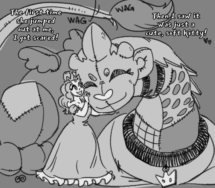 Dollmaker Damsel cuddling Miss Kitty as the latter leans down to nuzzle her cheek adoringly. 'The first time she jumped out at me, I got scared! Then I saw it was just a cute, soft kitty!'