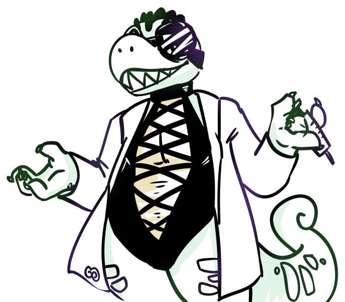 Dr. Mutable posing with a slashed-front leotard undergarment under their labcoat, a syringe dangling carelessly from one hand.